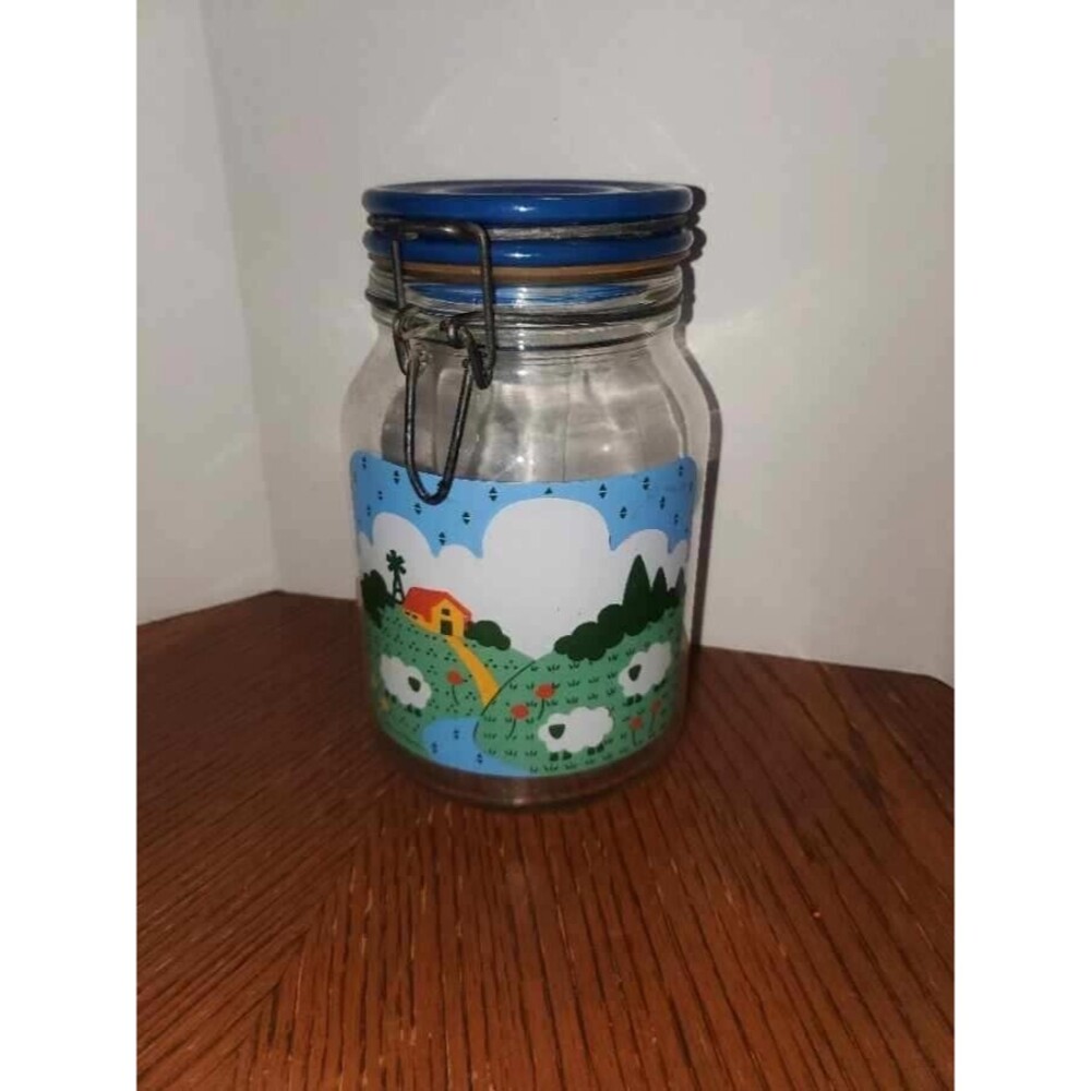 Vintage Anchor Hocking Glass 8" Tall Canister - 1982 Nina Farm Sheep - Blue Lid